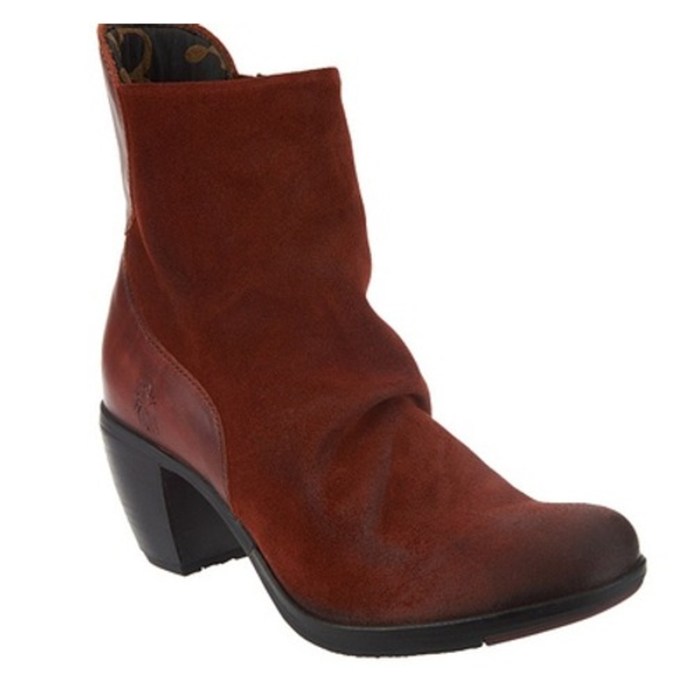 FLY LONDON Hota Suede Heeled Ankle Boots In Oilsu/Rug Brick Sz 40 Hippie Comfort